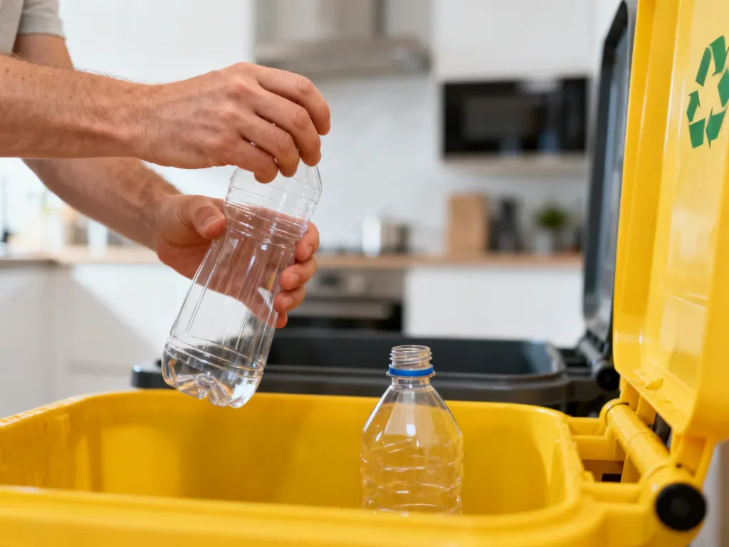 Dłonie wrzucające pustą plastikową butelkę po środku czyszczącym do żółtego pojemnika na odpady segregowane.