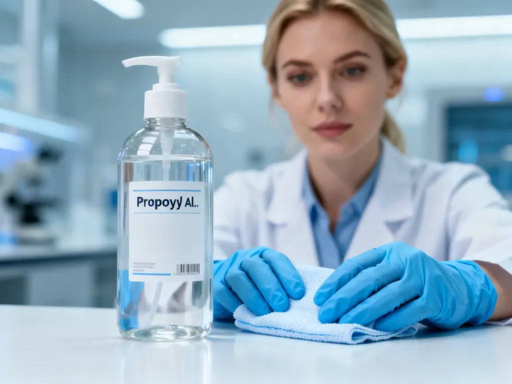 Pracownik laboratorium w niebieskich rękawiczkach przygotowuje butelkę alkoholu izopropylowego do czyszczenia powierzchni.